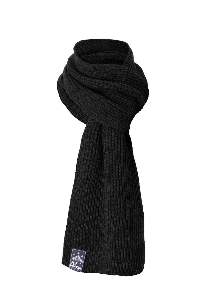 Black knitted scarf with a ribbed texture, featuring a rectangular logo patch at one end. The design is simple and uniform in color.