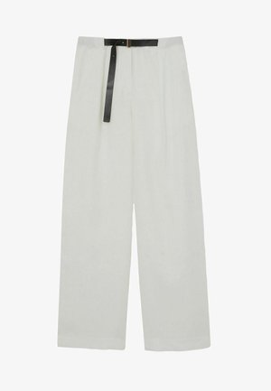 Wide-leg trousers in light beige fabric, featuring a flat waistband and a black leather belt with gold accents. Smooth texture with loose fit.