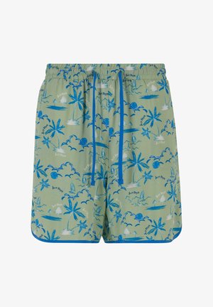Svetlozelené plavky s modrým vzorom palmových stromov a oblakov, s nastaviteľným pásom a kontrastným modrým lemovaním na okraji.