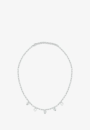 Sølv kædedesign med en enkel stil, bestående af fem bladformede vedhæng hængende jævnt fordelt langs kæden. Glat tekstur og poleret finish.