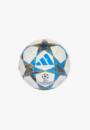 Witte UEFA Champions League voetbal met blauwe sterren, Adidas-logo en gouden leeuw- en draakillustraties.