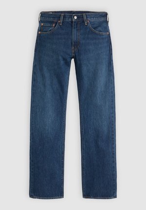 Μπλε τζιν με ίσια γραμμή, σχέδιο με πέντε τσέπες και πορτοκαλί ραφές. Το ύφασμα έχει λεία υφή και πλούσιο χρώμα.