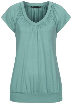 V-neck, short-sleeve top in soft teal fabric. Features gathered neckline and fitted hem with slight stretch for comfort.