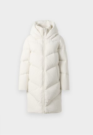 Long white quilted puffer coat with a hood, front zipper closure, and ribbed inner collar, displayed on a neutral background.