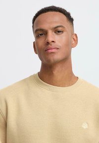 Beige crewneck sweatshirt with a textured finish and a small embroidered logo on the left chest. Smooth fabric and ribbed neckline.