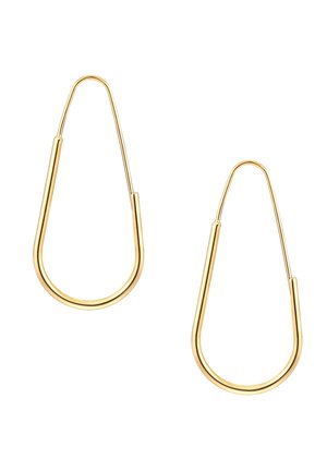 Gold metal hoop earrings featuring a teardrop shape with a smooth finish and open design, allowing light to pass through.