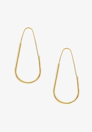 Zelta metāla auskari gredzena formā, kas ir asaras formas ar gludu apdari un atvērtu dizainu, ļaujot gaismai caur tiem iziet.