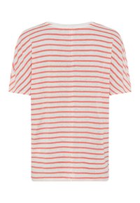 Stribet T-shirt med løs pasform, med vandrette linjer i koral og lysegrå på en cremefarvet baggrund. Korte ærmer, blød tekstur.