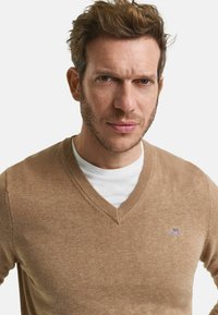 V-Ausschnitt Pullover in Hellbraun, mit Stricktextur, ausgestattet mit einem kleinen gestickten Logo auf der Brust und über einem weißen Hemd getragen.