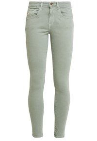 Jeans ajustados en mezcla de algodón verde claro, con cinco bolsillos, cierre de cremallera y botón, y sutiles detalles de costura.