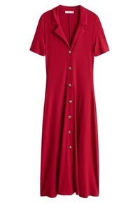 Rotes Knopfkleid mit kurzen Ärmeln, Kragen und goldfarbenen Knöpfen, aus weichem Stoff mit glatter Textur und knöchellangem Design.