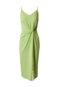 Grünes knielanges Kleid aus weichem Stoff. Verfügt über ein Twist-Detail an der Taille, dünne Spaghetti-Träger und einen V-Ausschnitt.