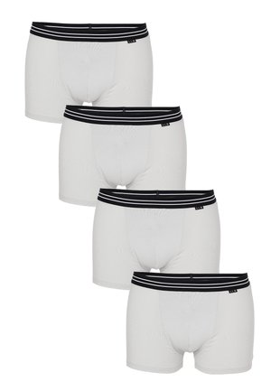 Quattro boxer bianchi da uomo con fascia nera in vita con due strisce bianche e una piccola etichetta con logo LV8 sul lato sinistro.