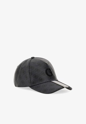 Gorra negra con un diseño texturizado, que presenta un patrón en relieve y un destacado logo 'G' negro. La visera delantera tiene una franja de acento gris.