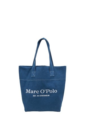 Blue canvas tote bag with two short handles and a white printed logo. Features double-stitched seams and a rectangular shape.