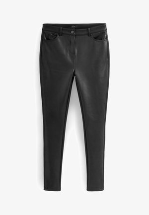 Czarne spodnie z sztucznej skóry o dopasowanym kroju, z przednią kieszenią, szlufkami na pasek i gładką teksturą. Klasyczny pięciokieszeniowy fason.