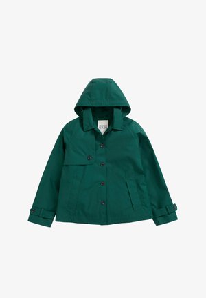 Zelená nepremokavá bunda s kapucňou, s zapínaním na gombíky vpredu, bočnými vreckami a nastaviteľnými manžetami. Vyrobená z hladkej, odolnej tkaniny.