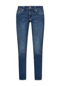 Tmavě modré džíny z denimu s klasickým designem pěti kapes, přiléhavým střihem a mírnými efekty opotřebení. Obsahují zapínání na knoflík a poutka na opasek.