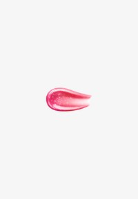 Bright pink glossy lip gloss smear with sparkling glitter on a white background.