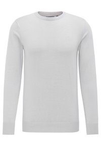 Maglione grigio chiaro realizzato in materiale morbido. Presenta un collo rotondo, maniche lunghe, polsini a coste e un design aderente.