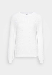 Wit gebreid sweater met ribbelstructuur, ronde hals en lange mouwen. Bevat decoratieve verticale lijnen en kleine gaatjes overal.
