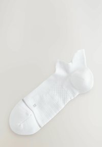 White athletic sock with a reinforced heel and toe, ribbed texture, and a grey stripe across the midfoot area.