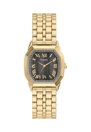 Goldfarbene Fossil-Armbanduhr mit rechteckigem schwarzem Zifferblatt, goldenen römischen Ziffern und einem Metallgliederarmband.