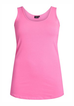 Débardeur sans manches rose en coton lisse, avec un décolleté arrondi et un ourlet droit.
