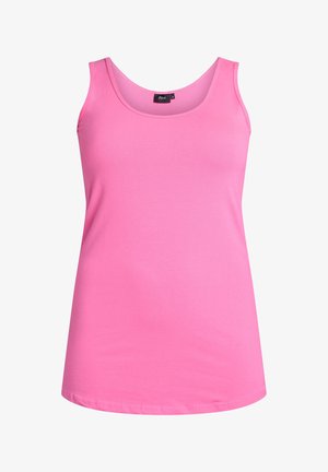 Rožinė be rankovių maikutė, pagaminta iš lygios medvilnės, su apvaliu iškirpimu ir tiesiu apdailos kraštu.