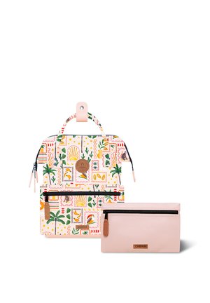 Small backpack with colorful tropical prints and beige zippered pouch with leather zipper pulls, both branded "Cabaia," on white background.