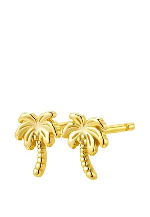 Gold palm tree earrings feature detailed leaves and a textured trunk, with a shiny finish and push-back stud for secure wear.
