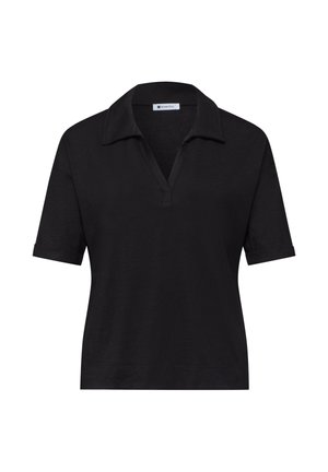 Polo noir à manches courtes avec col en V ouvert et poignets repliés, confectionné dans un tissu léger.