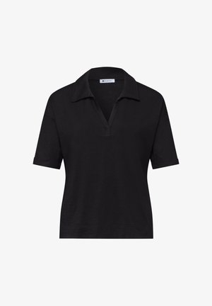 Sort kortærmet polo-shirt med åben V-hals og foldede manchetter, lavet af et let stof.