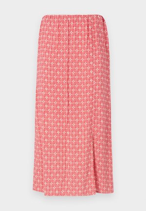 Maxi skirt with an elastic waistband, featuring a red and white geometric pattern and a smooth fabric texture.