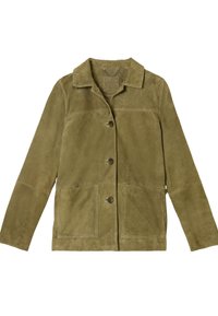 Olive green suede jacket with three buttons, two front patch pockets, long sleeves, and a collar.