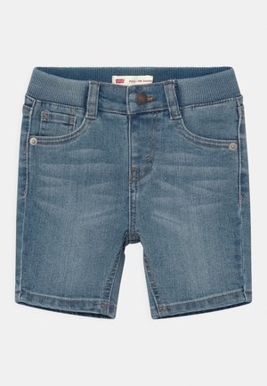 Blå denim shorts med elastisk talje og knap, for- og baglommer samt Levi's-mærke indeni taljen.