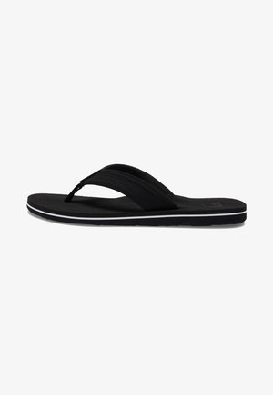 Black flip-flop with a textured footbed, wide straps, and a white accent line along the sole. Designed for casual wear and comfort.