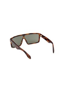 Tortoiseshell sunglasses with square-shaped lenses, a glossy finish, and green tinted lenses. Features subtle branding on the temples.