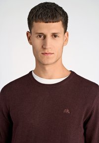 Bordowy sweter z dzianiny z okrągłym dekoltem, z białym wewnętrznym kołnierzykiem i małym haftowanym logo na piersi. Gładka tekstura.