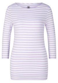 Vaaleansininen pitkähihainen paita, jossa on vaakasuoria valkoisia raitoja, pyöreä pääntie ja slim fit -leikkaus. Pehmeä kangas, jossa on sileä rakenne. Merkkilogo kauluksessa.