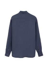 Marineblauwe overhemd met lange mouwen, gemaakt van geweven stof, met een standaardkraag en knoopmanchetten. Gladde textuur met een afgeronde onderkant.