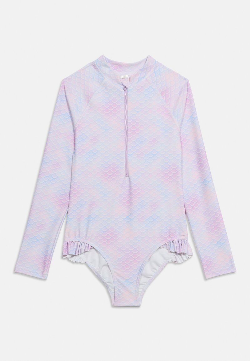 Μαγιό μακρυμάνικο σε παστέλ μωβ και μπλε με σχέδιο λεπιών, φερμουάρ μπροστά και βολάν στα ανοίγματα των ποδιών.