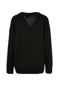 Svart genser med V-hals, vide ermer, ribbestrikket nederkant og mansjetter, strikket tekstur, og med en litt oversized design.