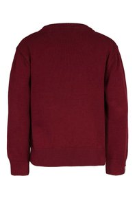 Röd tröja i stickad tyg med rund halsringning, ribbade ärmslut och nederkant, med en slät textur och utan mönster.