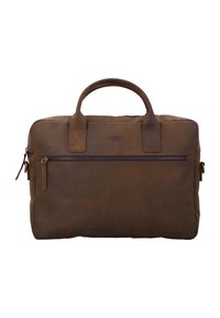 Brun læderlaptop taske med rektangulær form, dobbelte toplænder og en frontlomme med lynlås. Glat tekstur med et minimalistisk design.