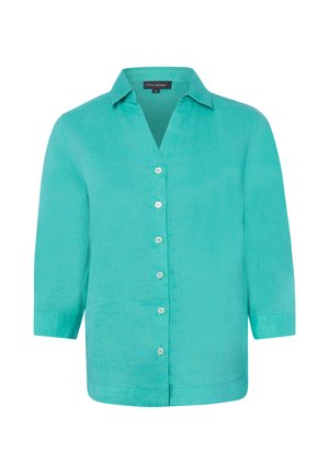 Turkusowa lniana bluzka z klasycznym kołnierzykiem, siedmioma białymi guzikami z przodu i rękawami o długości do łokcia.