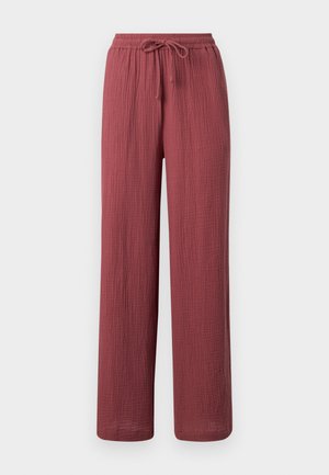 Pantalon à coupe ample et jambe droite en tissu texturé rose poussiéreux, avec taille élastique et cordon de serrage ajustable.