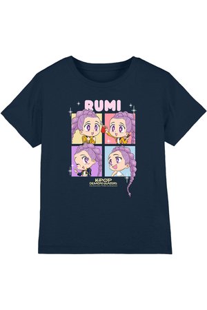Navy shirt with four colorful chibi illustrations of a purple-haired character named Rumi from K-Pop Demon Hunters, showing varied expressions and poses.