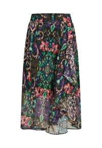 Una gonna multicolore e trasparente presenta un motivo floreale e astratto nei toni del verde, viola e rosa, con un design avvolgente e un orlo arricciato.