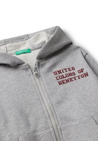 Felpa leggera grigia con zip e cappuccio, tasche frontali e testo ricamato rosso "UNITED COLORS OF BENETTON" sul petto.
